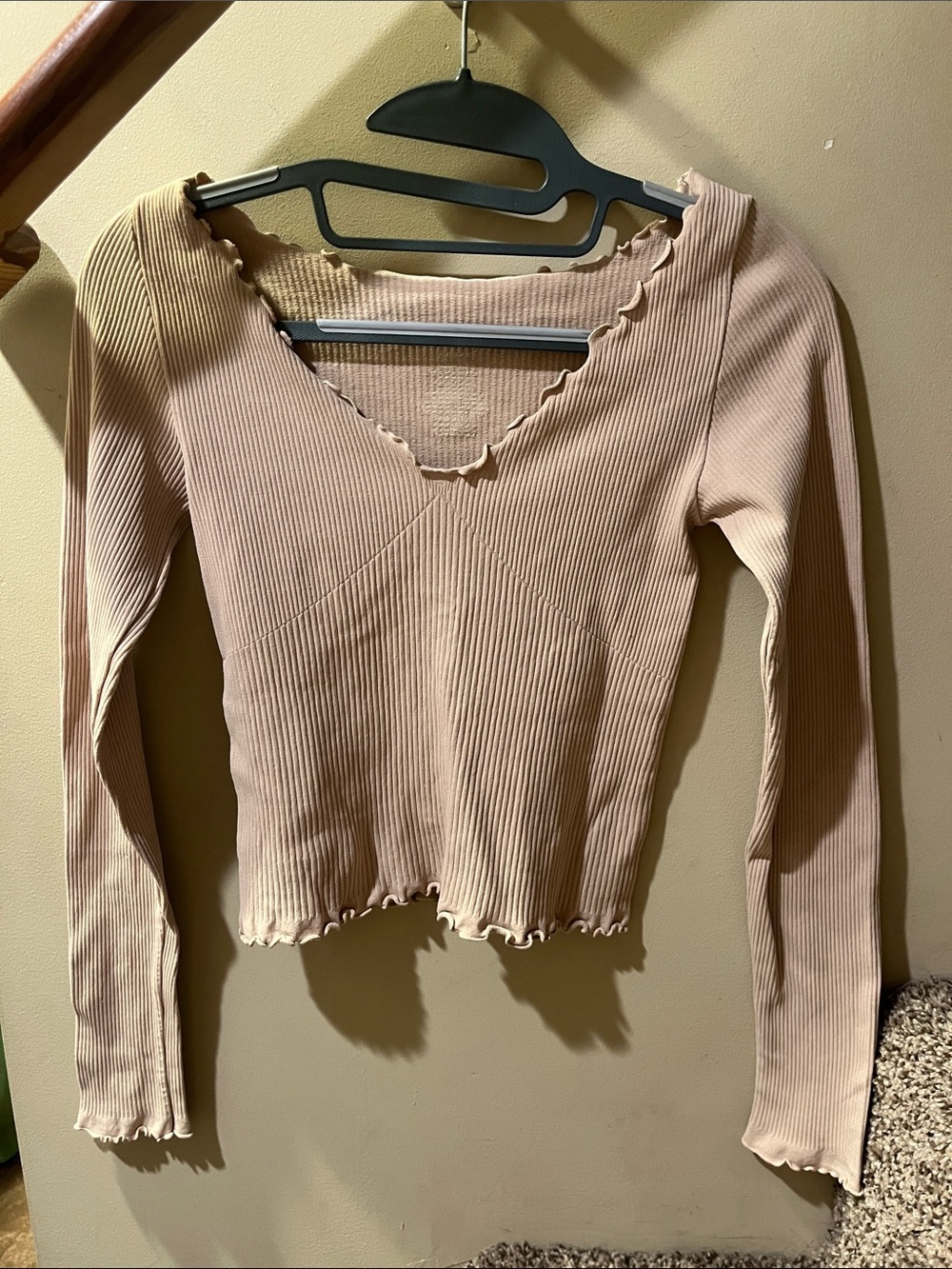 Free People Ribbed Lettuce-Edge Long Sleeve Top in Light Blush